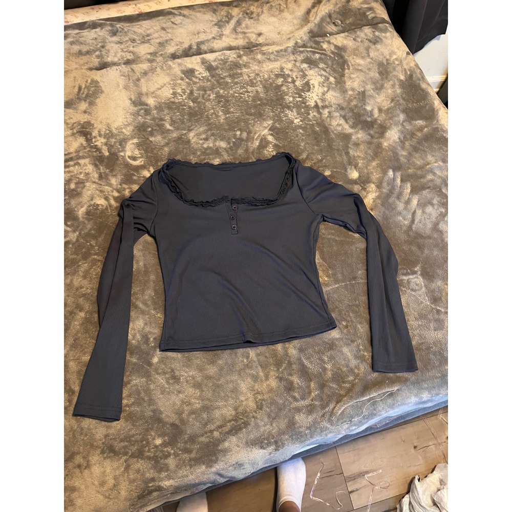 Womens Navy Blue Ribbed Knit Long Sleeve Henley Top with Lace Trim Size Medium